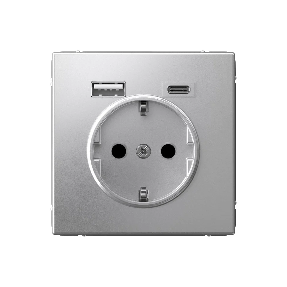 Розетка с USB+USB type C Systeme Electric ARTGALLERY, скрытый монтаж, с заземлением, со шторками, алюминий