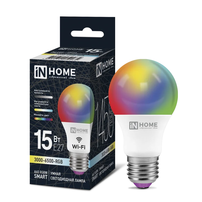 Лампа светодиодная LED-A60-RGBW-SMART 15Вт 230В Wi-Fi Е27 RGB-3000-6500К 1450Лм IN HOME