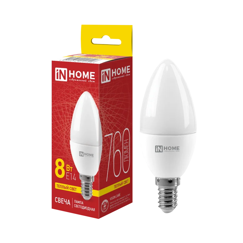 Лампа светодиодная LED-СВЕЧА-VC 8Вт 230В Е14 3000К 760Лм IN HOME