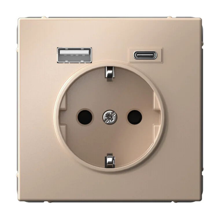 Розетка с USB+USB type C Systeme Electric ARTGALLERY, скрытый монтаж, с заземлением, со шторками, песочный, GAL001232