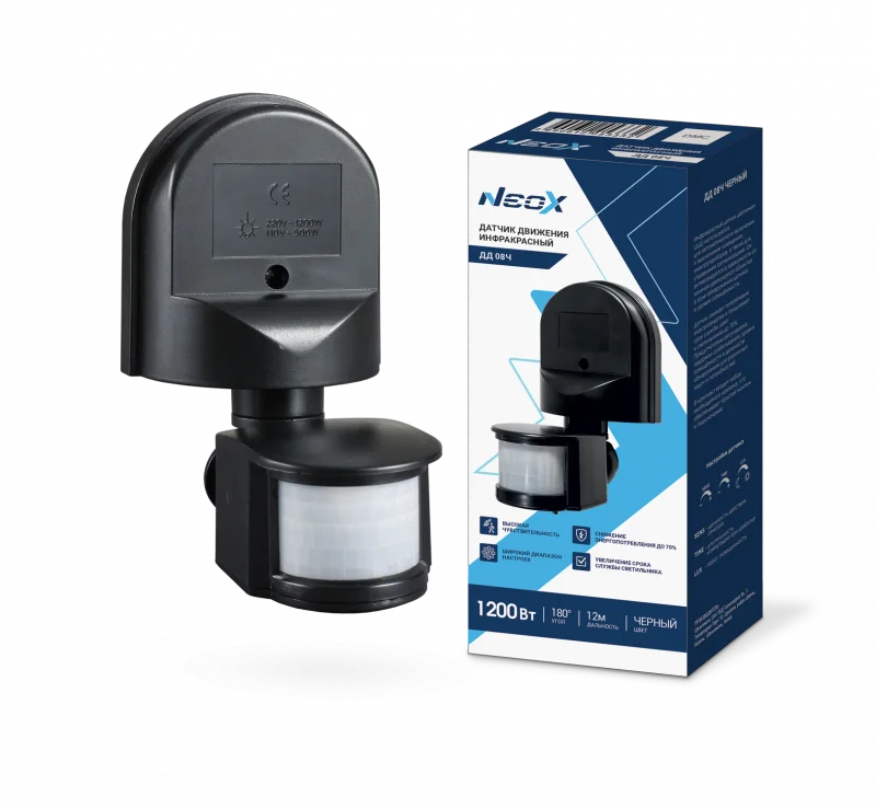 Датчик движения инфракрасный ДД 08Ч 1200Вт 180 гр.12м IP44 черный NEOX