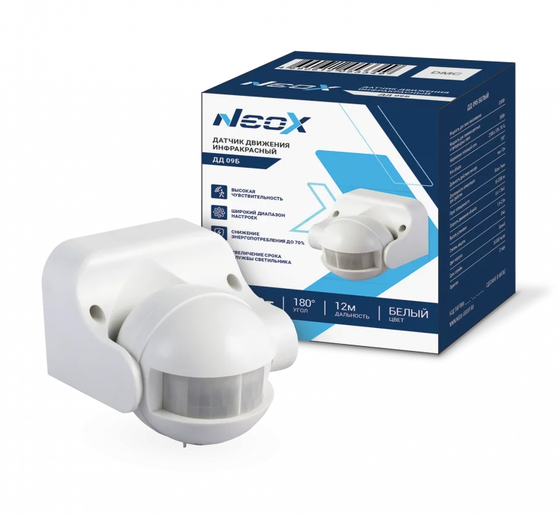 Датчик движения инфракрасный ДД 09Б 1200Вт 180 гр.12м IP44 белый NEOX