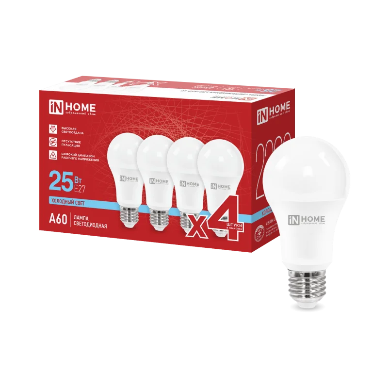 Лампа светодиодная LED-A60-VC 4PACK 25Вт 230В Е27 6500К 2380Лм (4шт./упак) IN HOME