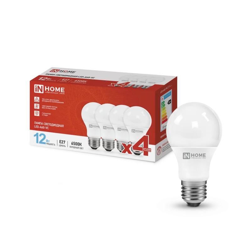 Лампа светодиодная LED-A60-VC 4PACK 12Вт 230В Е27 6500К 1140Лм (4шт./упак) IN HOME