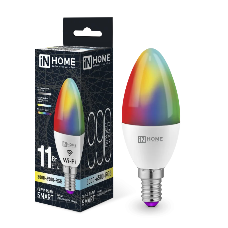 Лампа светодиодная LED-СВЕЧА-RGBW-SMART 11Вт 230В Wi-Fi Е14 RGB-3000-6500К 990Лм IN HOME