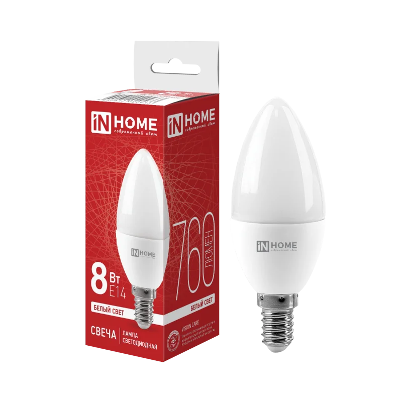 Лампа светодиодная LED-СВЕЧА-VC 8Вт 230В Е14 4000К 760Лм IN HOME