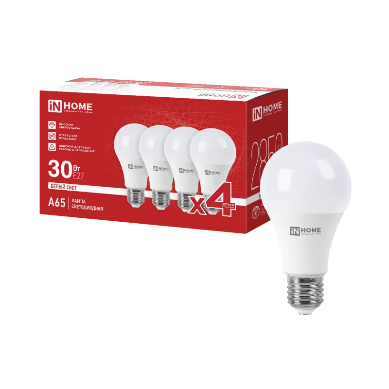 Лампа светодиодная LED-A65-VC 4PACK 30Вт 230В Е27 4000К 2850Лм (4шт./упак) IN HOME