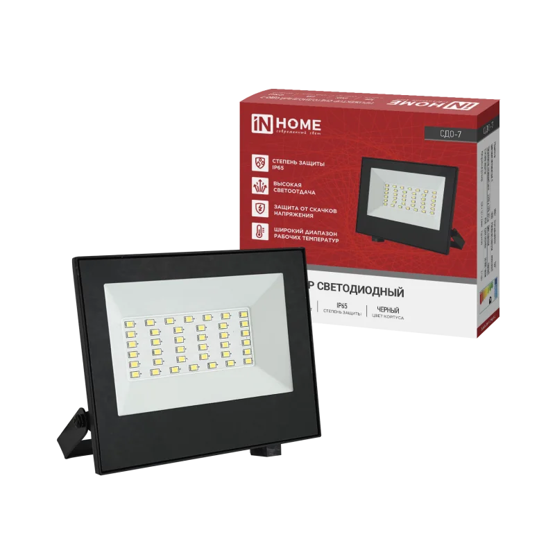 Прожектор светодиодный СДО-7 50Вт 230В 4000К IP65 черный IN HOME