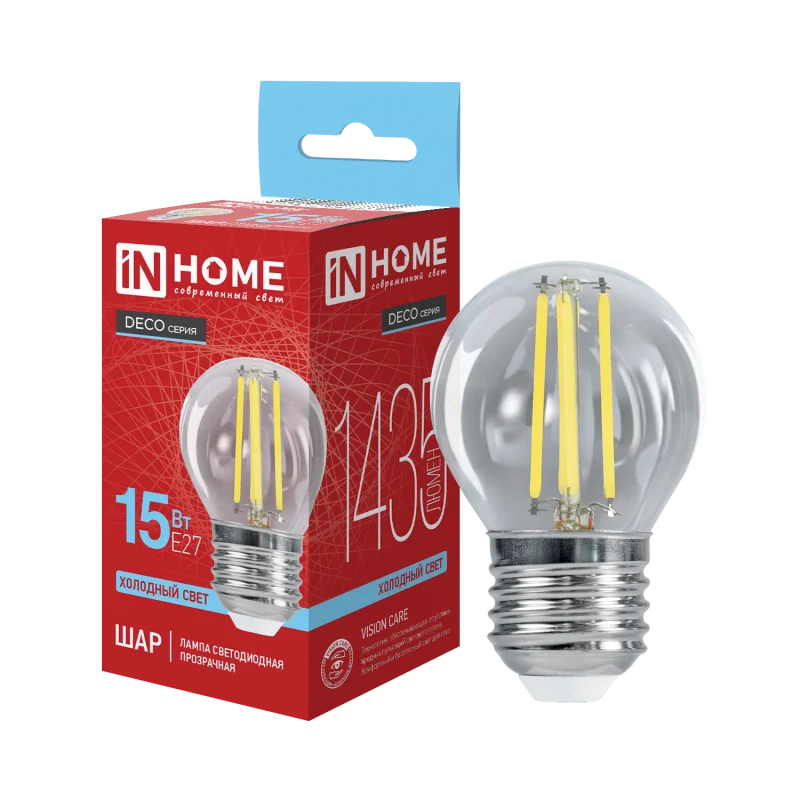 Лампа светодиодная LED-ШАР-deco 15Вт 230В Е27 6500К 1435Лм прозрачная IN HOME
