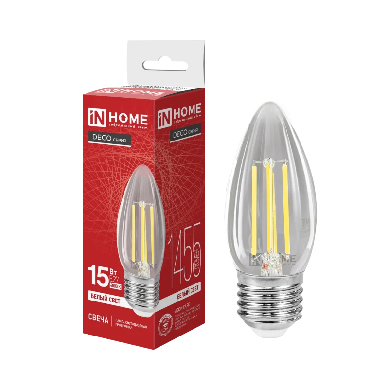 Лампа светодиодная LED-СВЕЧА-deco 15Вт 230В Е27 4000К 1455Лм прозрачная IN HOME