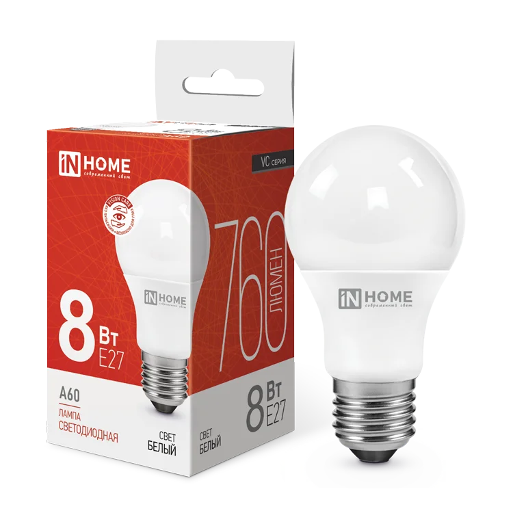 Лампа светодиодная LED-A60-VC 8Вт 230В Е27 4000К 760Лм IN HOME