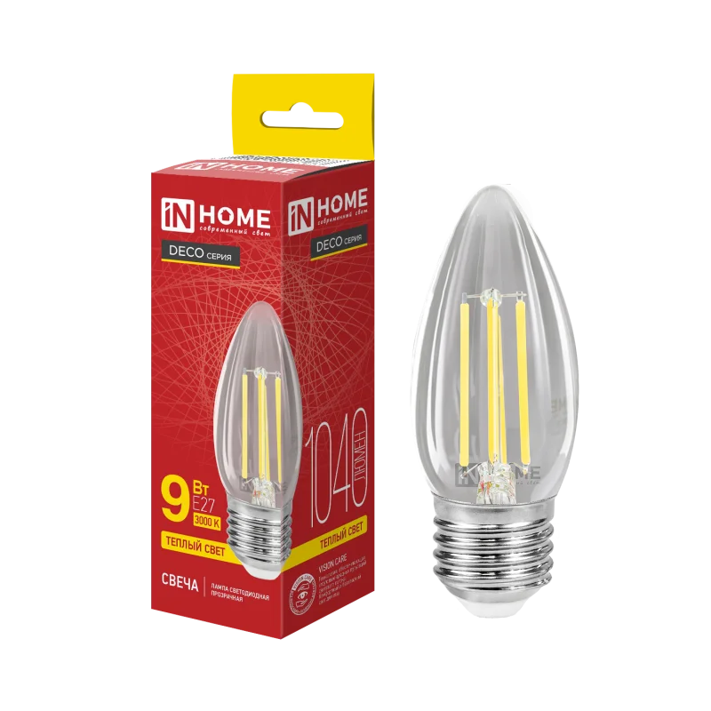 Лампа светодиодная LED-СВЕЧА-deco 9Вт 230В Е27 3000К 1040Лм прозрачная IN HOME