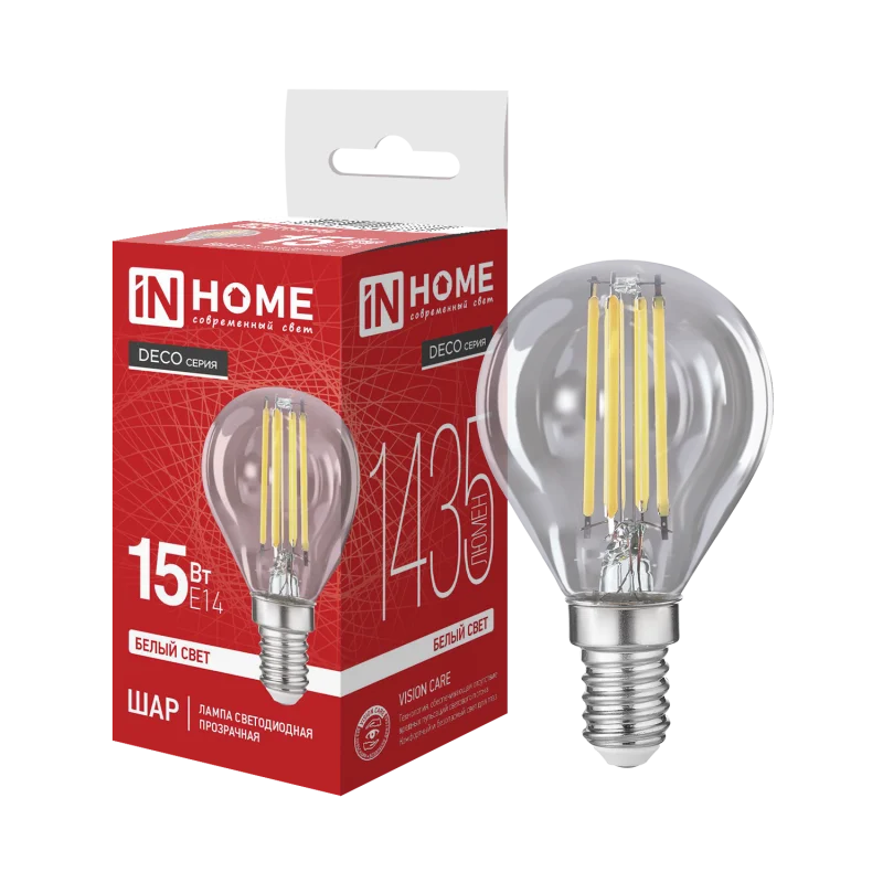 Лампа светодиодная LED-ШАР-deco 15Вт 230В Е14 4000К 1435Лм прозрачная IN HOME
