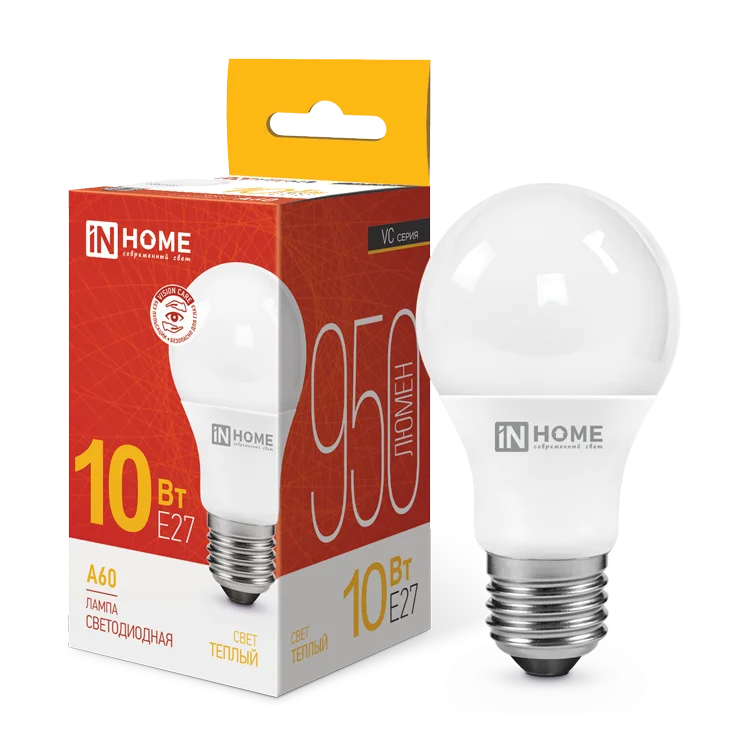 Лампа светодиодная LED-A60-VC 10Вт 230В Е27 3000К 950Лм IN HOME