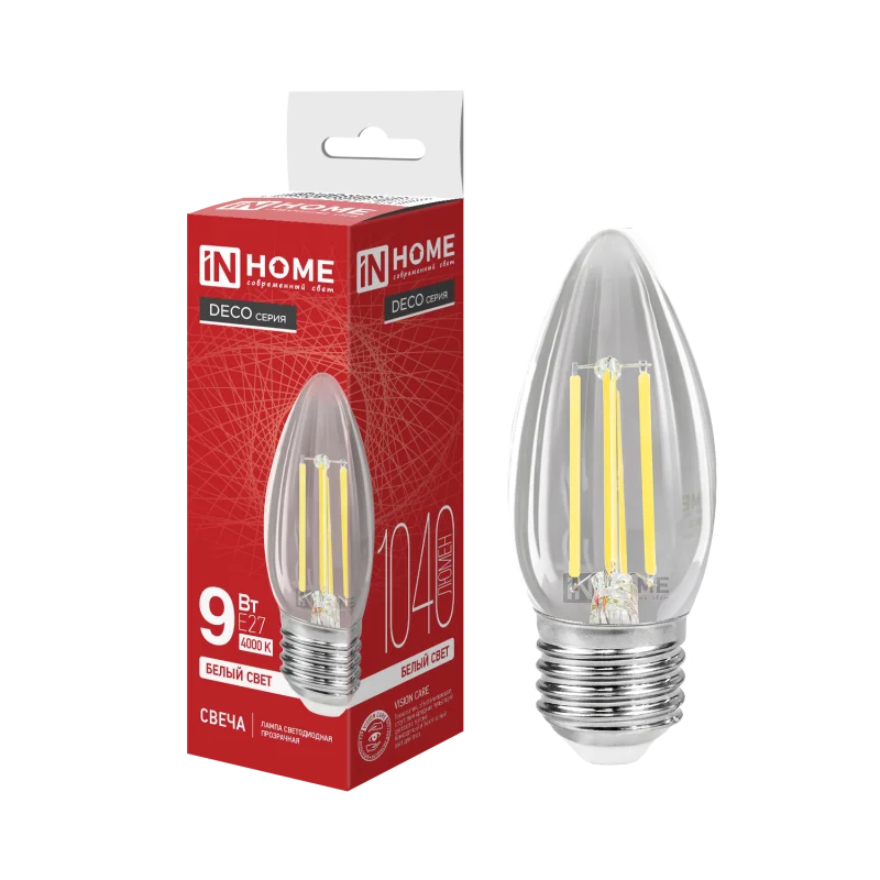 Лампа светодиодная LED-СВЕЧА-deco 9Вт 230В Е27 4000К 1040Лм прозрачная IN HOME