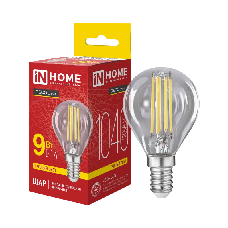 Лампа светодиодная LED-ШАР-deco 9Вт 230В Е14 3000К 1040Лм прозрачная IN HOME